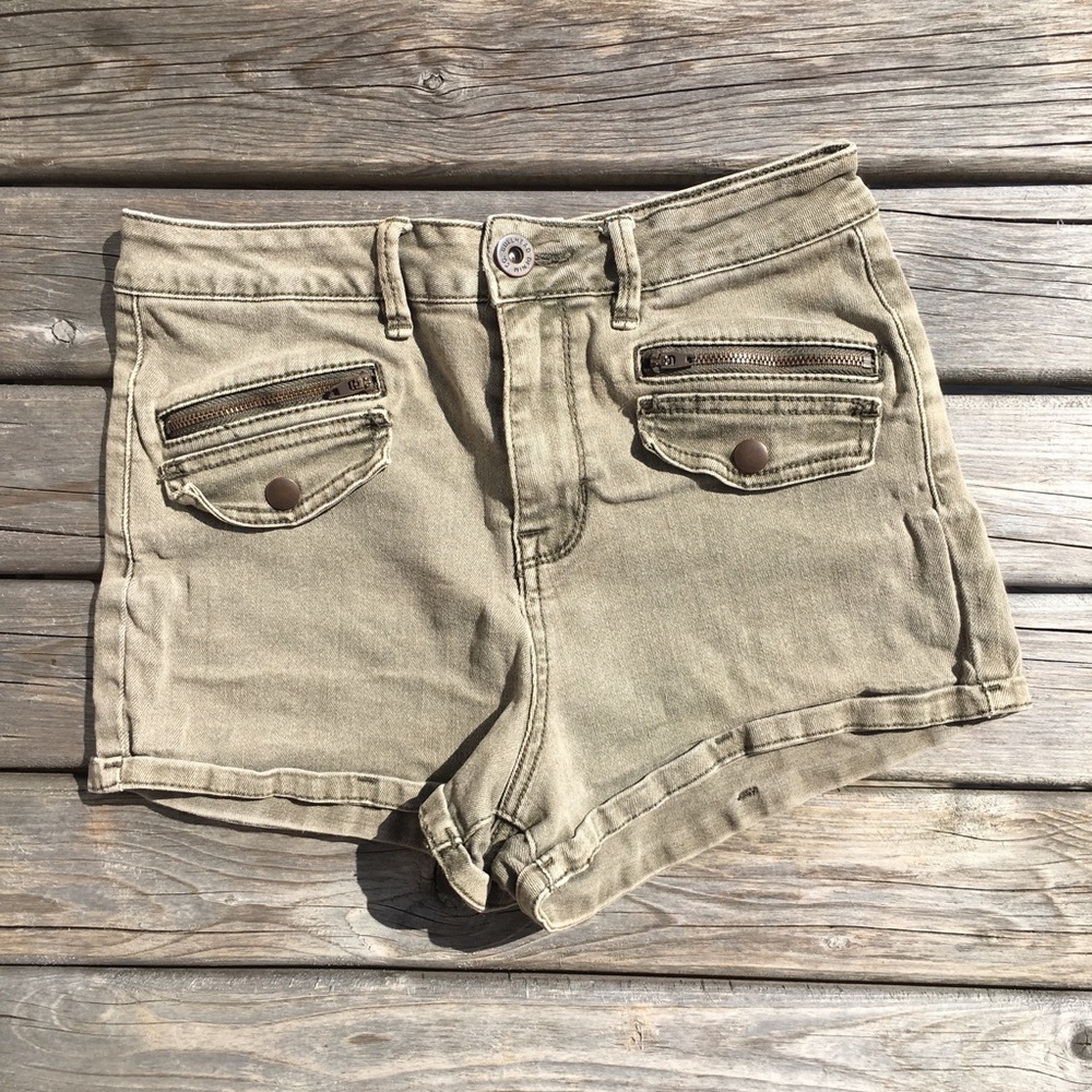 Bullhead Denim Super High Rise Shorty Olive Khaki Stretch Shorts Zip Pocket
